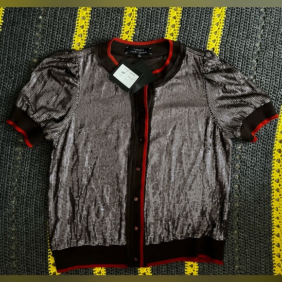 NWT ROBERT RODRIGUEZ chocolate Silk Blend Sequin Sweater Blouse Top Size M - Picture 2 of 3